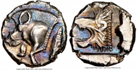 MYSIA. Cyzicus. Ca. 5th century BC. AR obol(?) (7mm, 4h). NGC AU. Forepart of boar left, tunny upward behind / Head of roaring lion left within square...