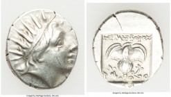 CARIAN ISLANDS. Rhodes. Ca. 88-84 BC. AR drachm (16mm, 2.44 gm, 11h). Choice VF. Plinthophoric standard, Nicephorus, magistrate. Radiate head of Helio...