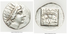 CARIAN ISLANDS. Rhodes. Ca. 88-84 BC. AR drachm (15mm, 2.32 gm, 12h). XF, brushed. Plinthophoric standard, Philon, magistrate. Radiate head of Helios ...