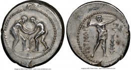 PAMPHYLIA. Aspendus. Ca. 325-250 BC. AR stater (26mm, 1h). NGC XF. Two wrestlers grappling; KY between / ΕΣΤFΕΔΙΥ, slinger standing right, placing bul...