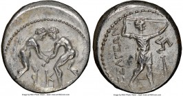 PISIDIA. Selge. Ca. 325-250 BC. AR stater (23mm, 9.87 gm, 12h). NGC AU 4/5 - 2/5, flan flaws, die shift. Two wrestlers grappling, K between / ΣΕΛΓΕΩΝ,...