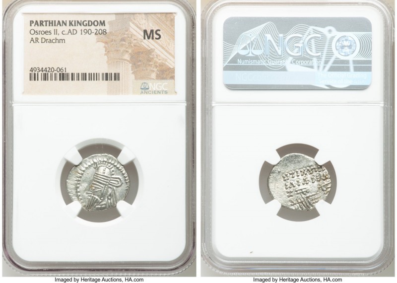 PARTHIAN KINGDOM. Osroes II (ca. AD 190-208). AR drachm (19mm, 11h). NGC MS. Ecb...