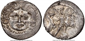 L. Plautius Plancus (47 BC). AR denarius (19mm, 4.01 gm, 5h). NGC MS 4/5 - 4/5. Head of Medusa facing, coiled snake on either side, L•PLAVTIVS below /...
