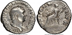 Vitellius (July-December AD 69). AR denarius (19mm, 7h). NGC Fine. Rome. A VITELLIVS GERM IMP AVG TR P, laureate head of Vitellius right / CONCOR-DIA ...