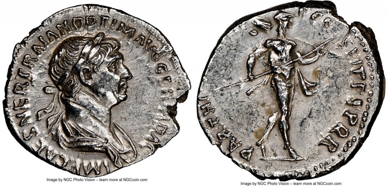 Trajan (AD 98-117). AR denarius (19mm, 7h). NGC AU, light marks. Rome, AD 116-11...