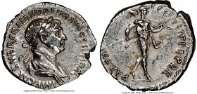 Trajan (AD 98-117). AR denarius (19mm, 7h). NGC AU, light marks. Rome, AD 116-117. IMP CAES NER TRAIAN OPTIM AVG GERM DAC, laureate, draped bust of Tr...
