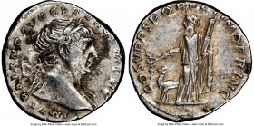 Trajan (AD 98-117). AR denarius (18mm, 7h). NGC Choice VF. Rome, AD 103-111. IMP TRAIANO AVG GER DAC P M TR P, laureate head of Trajan right, with dra...