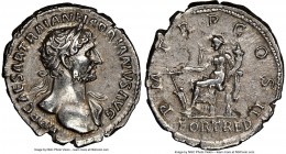 Hadrian (AD 117-138). AR denarius (19mm, 6h). NGC XF. Rome, AD 118. IMP CAESAR TRAIAN-HADRIANVS AVG, laureate, heroic bust of Hadrian right, aegis on ...
