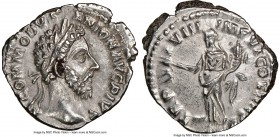 Commodus (AD 177-192). AR denarius (19mm, 12h). NGC AU. Rome, AD 187-188. M COMM ANTON AVG PIVS, laureate head of Commodus right / P M TR P VIII IMP V...