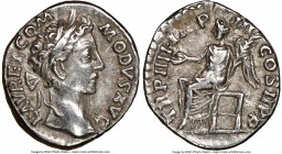 Commodus (AD 177-192). AR denarius (18mm, 6h). NGC XF. Rome. L AVREL COM-MODVS AVG, laureate head of Commodus right / TR P IIIII•IMP-III COS II P P, V...