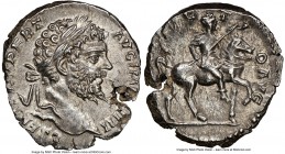 Septimius Severus (AD 193-211). AR denarius (18mm, 11h). NGC Choice AU, flan flaw. Rome, AD 197. L SEPT SEV PERT AVG IMP VIIII, laureate head of Septi...