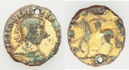 "Gordian III" (AD 238-244). Barbarous Imitation AV/AE gilt aureus (18mm, 1.85 gm, 6h). About VF, holed, core exposed. Uncertain mint, ca. AD 3rd centu...