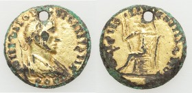 "Gordian III" (AD 238-244). Barbarous Imitation AV/AE gilt aureus (19mm, 2.50 gm, 12h). About VF, holed, core exposed. Uncertain mint, ca. AD 3rd cent...
