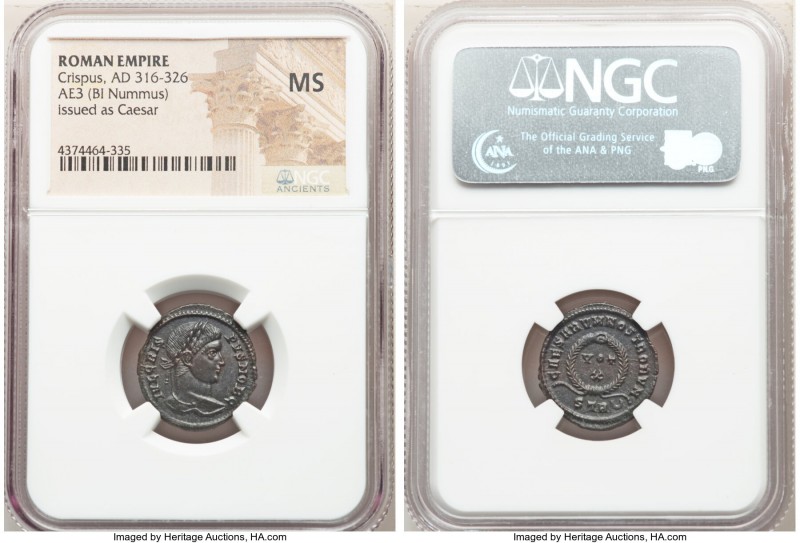 Crispus (AD 316-326). AE3 or BI nummus (20mm, 12h). NGC MS. Trier, 2nd officina,...