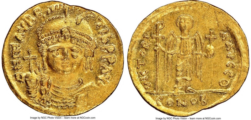 Maurice Tiberius (AD 582-602). AV solidus (22mm, 4.47 gm, 6h). NGC MS 4/5 - 4/5,...