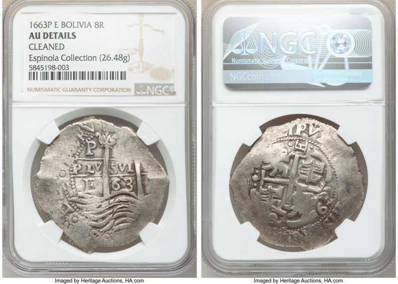 Philip IV Cob 8 Reales 1663 P-E AU Details (Cleaned) NGC, Potosi mint, KM21. 40m...