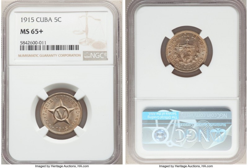 Republic 5 Centavos 1915 MS65+ NGC, Philadelphia mint, KM11.1. Lustrous with dov...