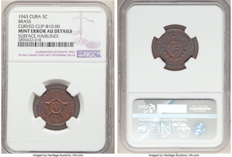 Republic Mint Error - Curved Clip 5 Centavos 1943 AU Details (Surface Hairlines)...