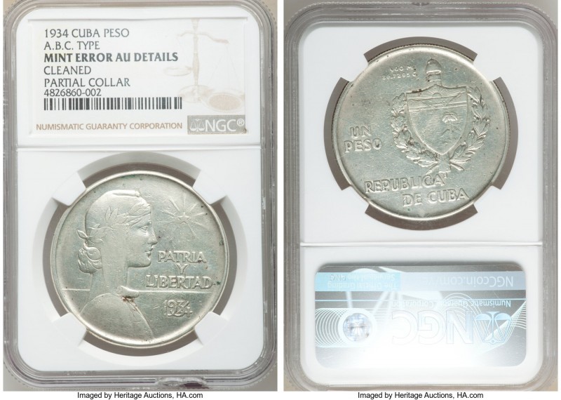 Republic Pair of Certified Mint Error "ABC" Pesos AU Details (Cleaned) NGC, 1) M...