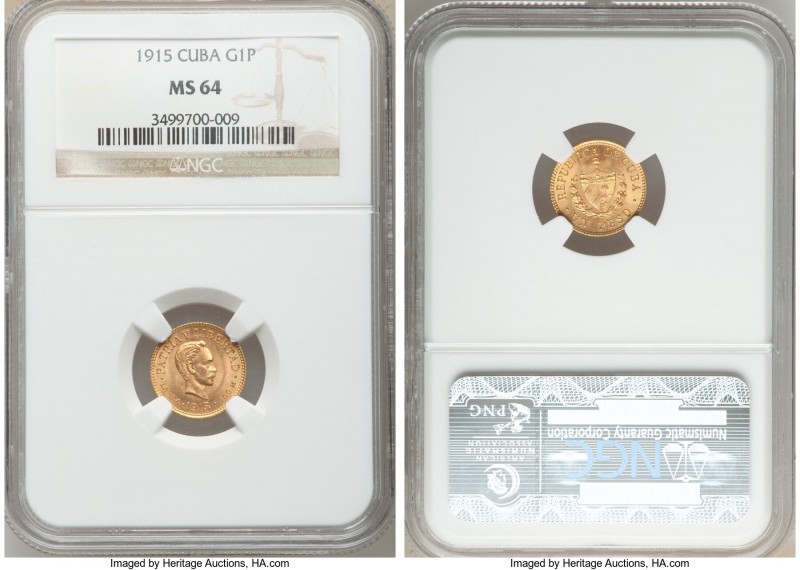 Republic gold Peso 1915 MS64 NGC, Philadelphia mint, KM16, Fr-7. Conservatively ...