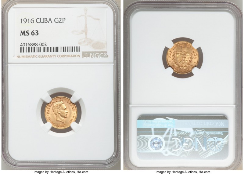 Republic gold 2 Pesos 1916 MS63 NGC, Philadelphia mint, KM17. Two year type. AGW...