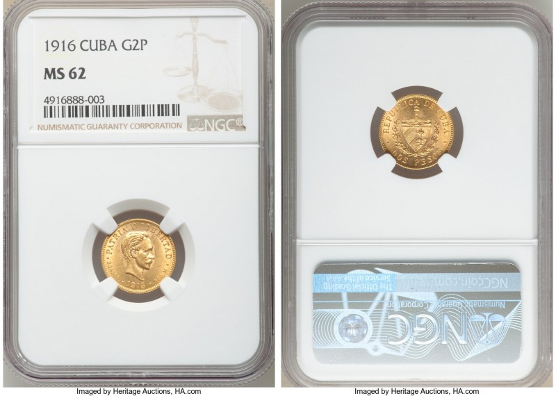 Republic gold 2 Pesos 1916 MS62 NGC, Philadelphia mint, KM17. Two year type. AGW...