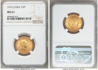 Republic gold 5 Pesos 1915 MS61 NGC, Philadelphia mint, KM19. AGW 0.2419 oz. 

HID09801242017

© 2020 Heritage Auctions | All Rights Reserved