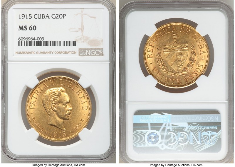 Republic gold 20 Pesos 1915 MS60 NGC, Philadelphia mint, KM21. One year type. 
...