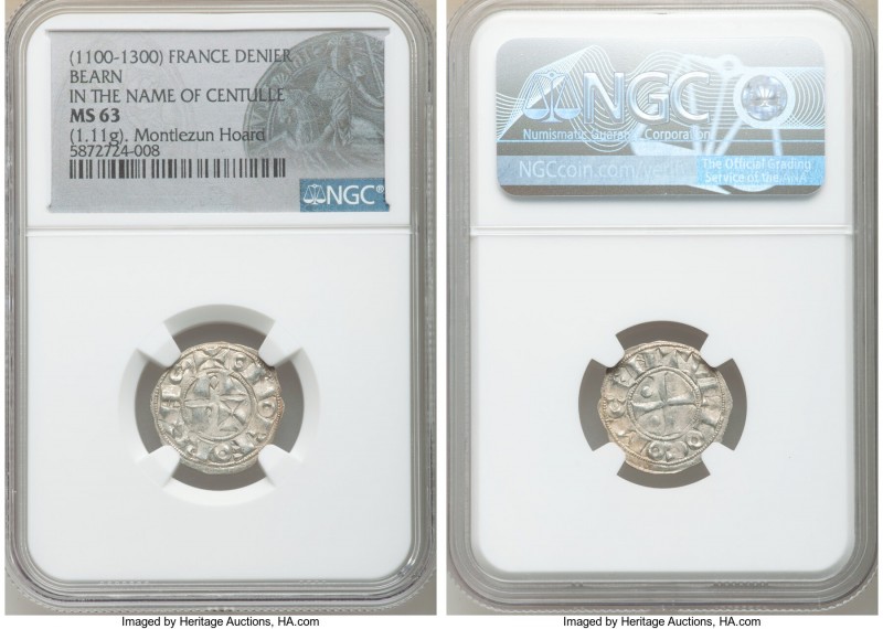 Bearn Denier ND (1100-1300) MS63 NGC, Bearn mint, PdA-3233. 1.11gm. In the name ...