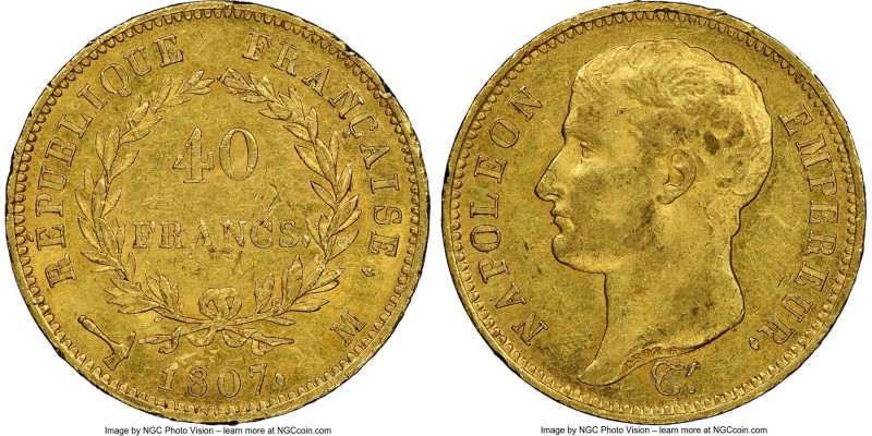 Napoleon gold 40 Francs 1807-M AU58 NGC, Toulouse mint, KM-A688.3. Mintage: 4,99...