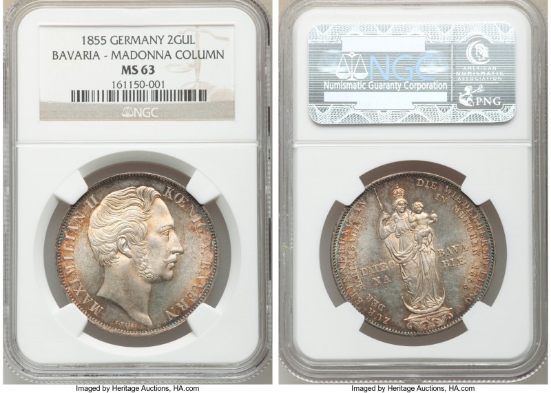 Bavaria. Maximilian II 2 Gulden 1855 MS63 NGC, Munich mint, KM848, Dav-604. Rest...