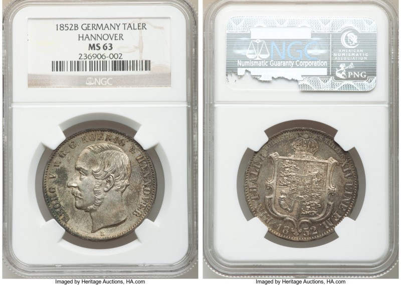 Hannover. Georg V Taler 1852-B MS63 NGC, Hannover mint, KM220. Lead-gray and cha...