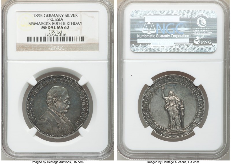 "Bismarck 80th Birthday" silver Medal 1895 MS62 NGC, Bennert-150. By Lauer. 33mm...