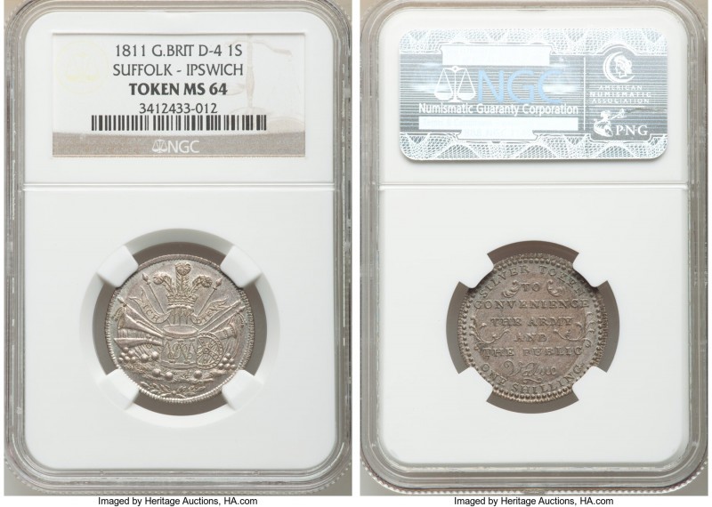 Suffolk. Ipswich silver Shilling Token 1811 MS64 NGC, Dalton-4. Plumes above cro...