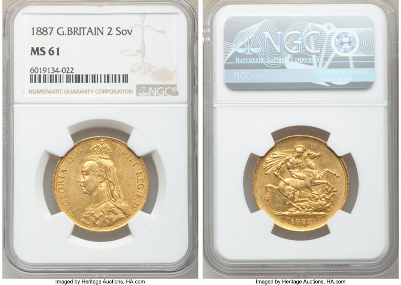 Victoria gold 2 Pounds 1887 MS61 NGC, KM768, S-3865. Jubilee head, one year type...