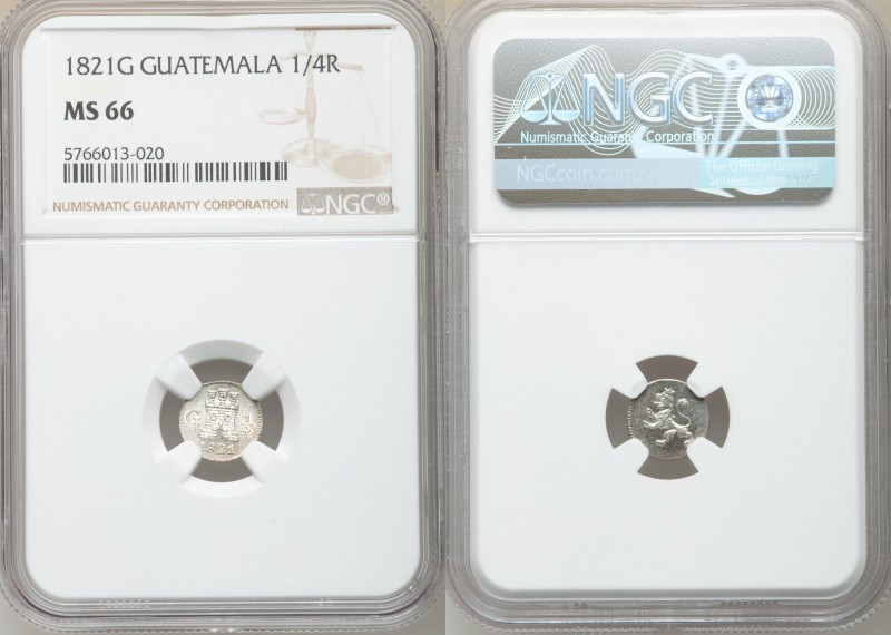 Ferdinand VII 1/4 Real 1821-G MS66 NGC, Nueva Guatemala mint, KM72. Bright and r...