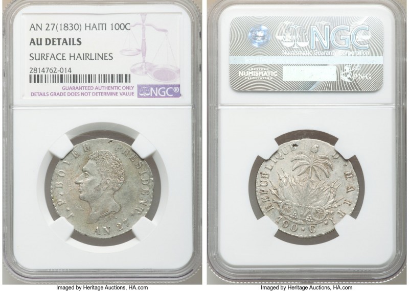 Republic 100 Centimes L'An 27 (1830) AU Details (Surface Hairlines) NGC, KM-A23....