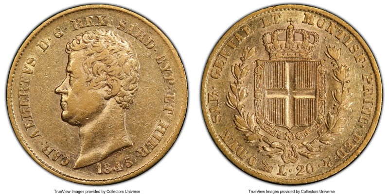 Sardinia. Carlo Alberto gold 20 Lire 1845 (Anchor)-P AU50 PCGS, Genoa mint, KM13...