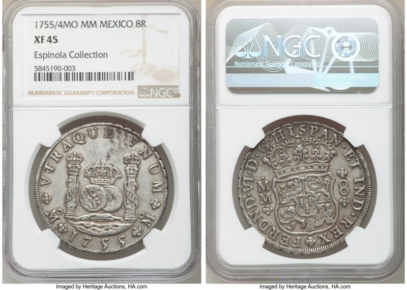 Ferdinand VI 8 Reales 1755/4 Mo-MM XF45 NGC, Mexico City mint, KM104.2. Pewter a...