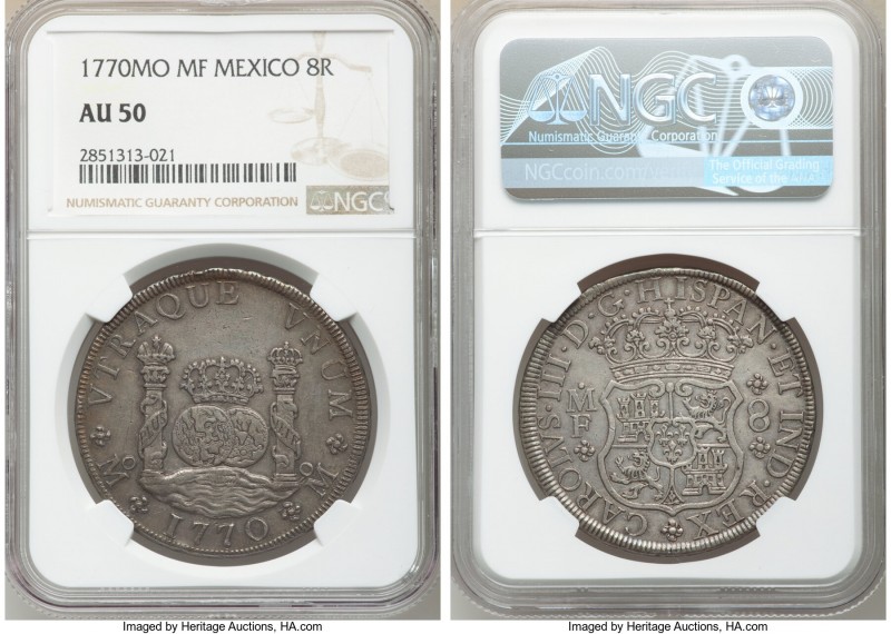 Charles III 8 Reales 1770 Mo-MF AU50 NGC, Mexico City mint, KM105. Anthracite wi...