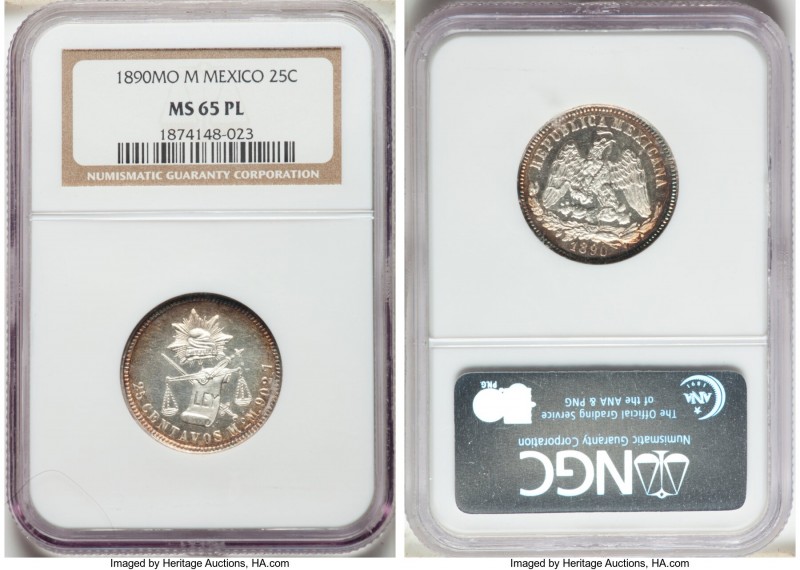 Republic 25 Centavos 1890 Mo-M MS65 Prooflike NGC, Mexico City mint, KM406.7. Pe...