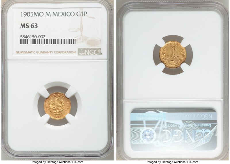 Republic gold Peso 1905 Mo-M MS63 NGC, Mexico City mint, KM410.5. Mintage: 3,429...