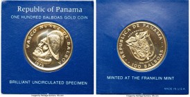 Republic gold "500th Anniversary - Birth of Balboa" 100 Balboas 1975-FM UNC, Franklin mint, KM41. Housed in Franklin mint issued card holder. AGW 0.23...