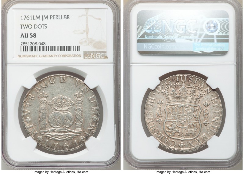 Charles III 8 Reales 1761 LM-JM AU58 NGC, Lima mint, KM-A64.1. Two Dots (one ove...