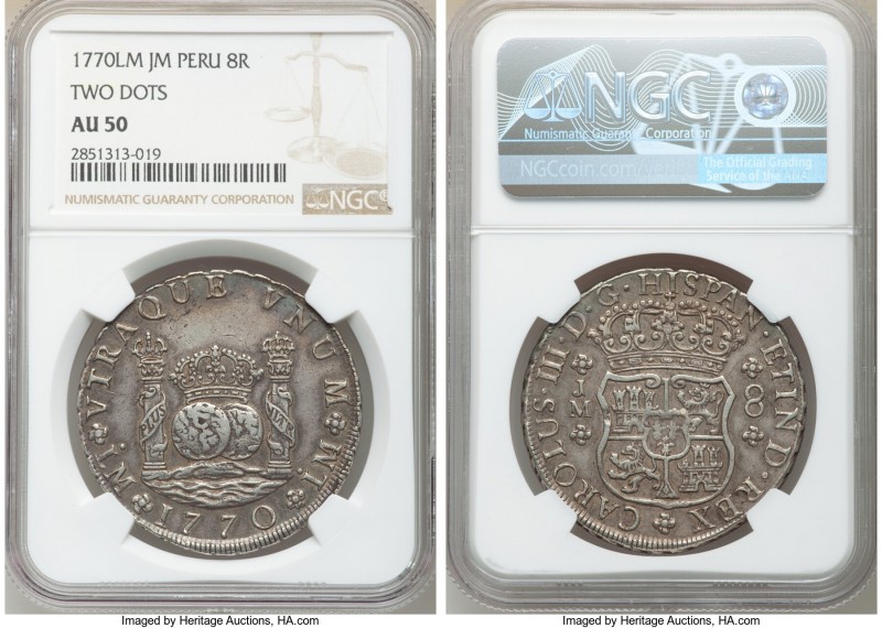 Charles III 8 Reales 1770 LM-JM AU50 NGC, Lima mint, KM64.3. Two dots variety (o...