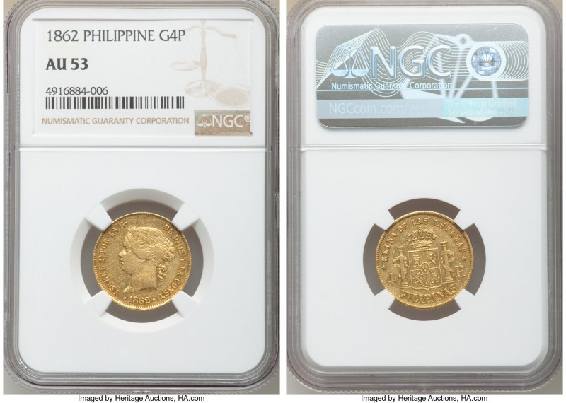 Spanish Colony. Isabel II gold 4 Pesos 1862 AU53 NGC, Manilla mint, KM144. AGW 0...