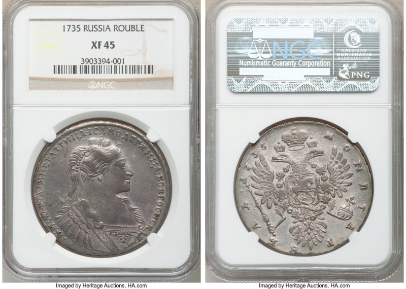 Anna Rouble 1735 XF45 NGC, Kadashevsky mint, KM197, Dav-1673. Lilac-gray and gol...