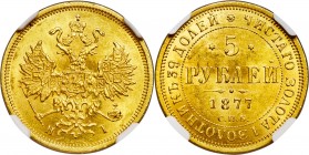 Alexander II gold 5 Roubles 1877 CПБ-HI MS63 NGC, St. Petersburg mint, KM-YB26, Bit-25. Obv. Crowned double-headed Imperial eagle holding orb and scep...