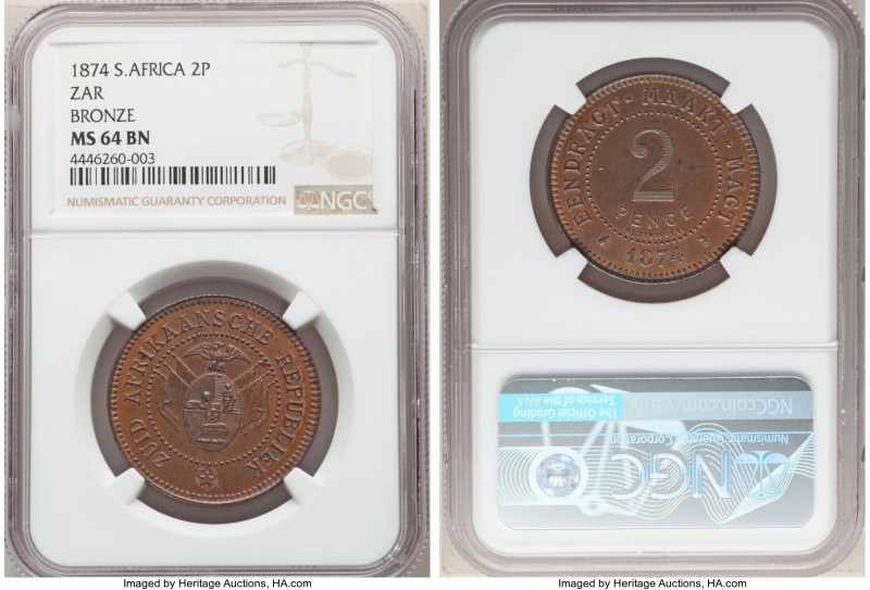 Transvaal. Republic bronze Pattern 2 Pence 1874 MS64 Brown NGC, Brussels mint, K...