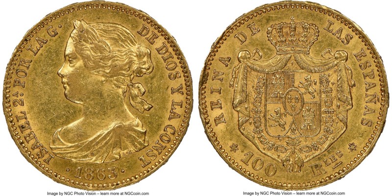 Isabel II gold 100 Reales 1863 AU58 NGC, Madrid mint, KM617.1. Two year type. AG...